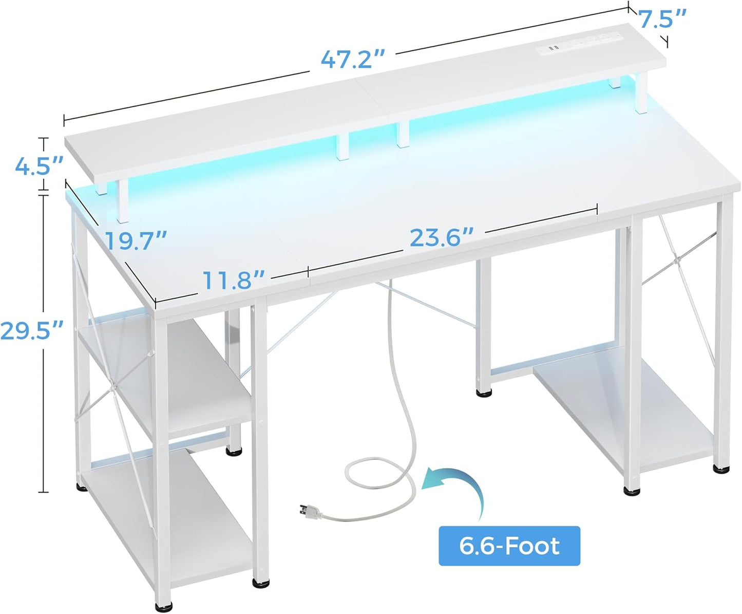 ODK 48 Inches Gaming Desk with LED Lights, Computer Desk with Monitor Stand, Pc Table with CPU Stand, Pure White