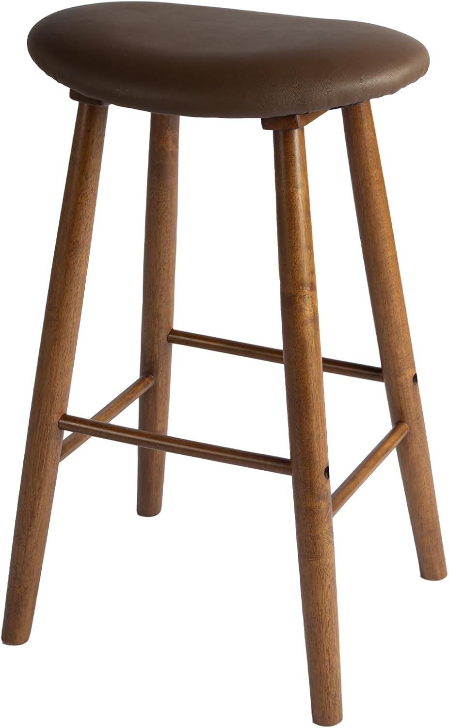 Nora 30" Upholstered Bar Stool, Backless Saddle Seat with Faux Leather Cushion, Solid Rubber Wood Frame in Brown Finish, Ideal for Kitchen Island or Home Bar Use