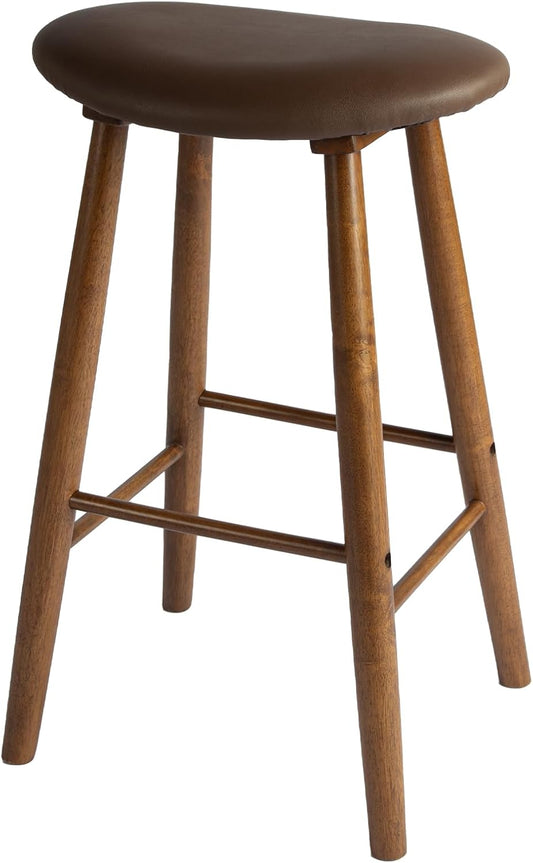 Nora 30" Upholstered Bar Stool, Backless Saddle Seat with Faux Leather Cushion, Solid Rubber Wood Frame in Brown Finish, Ideal for Kitchen Island or Home Bar Use