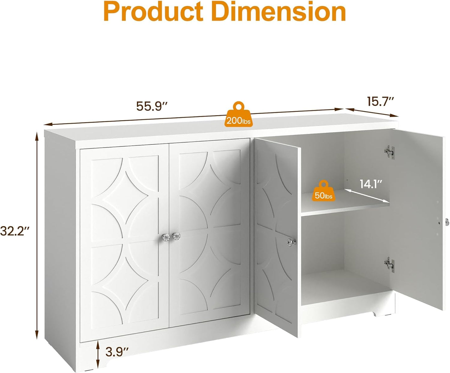 Sideboard Buffet with 4 Doors, Mid-Century Sideboard Cabinet with Adjustable Shelves, Accent Cabinet for Entryway, Living Room, Dining Room, White