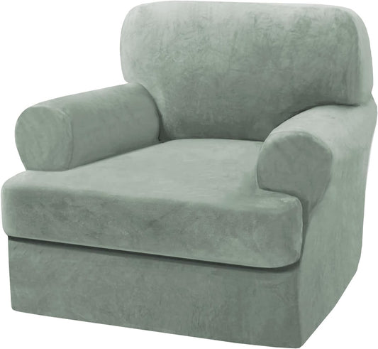 H.VERSAILTEX Sofa Cover 2 Piece T Cushion Armchair Slipcovers Thick Velvet Couch Cover Stretch T Cushion Sofa Covers for 1 Cushion Couch with 1 Individual T Cushion Covers Washable, Sea Grass