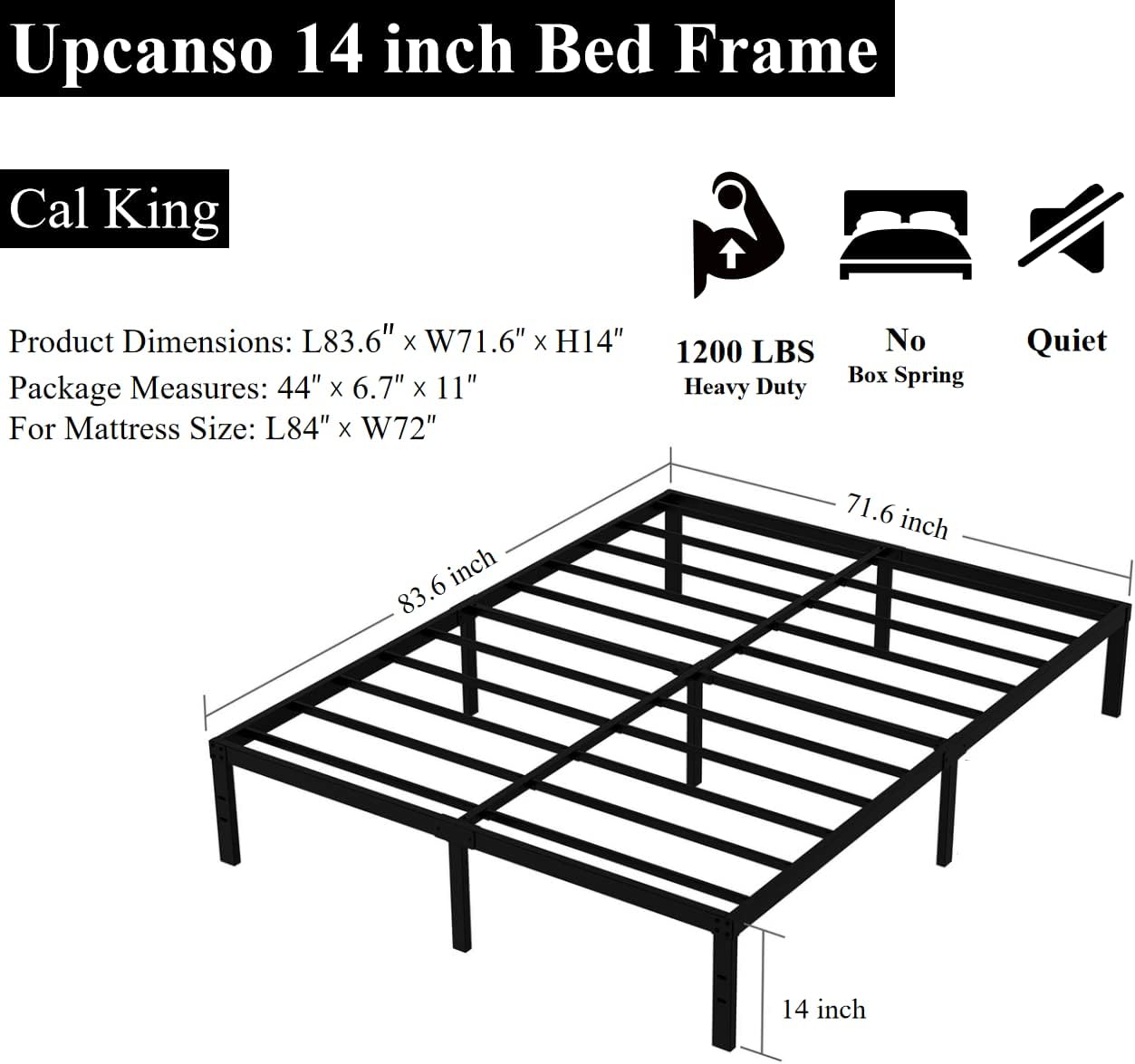 California King Metal Bed Frame, 14 Inch Heavy Duty Storage Platform Bed Frame with 2500lbs Steel Slats Support, Easy Assembly, Black