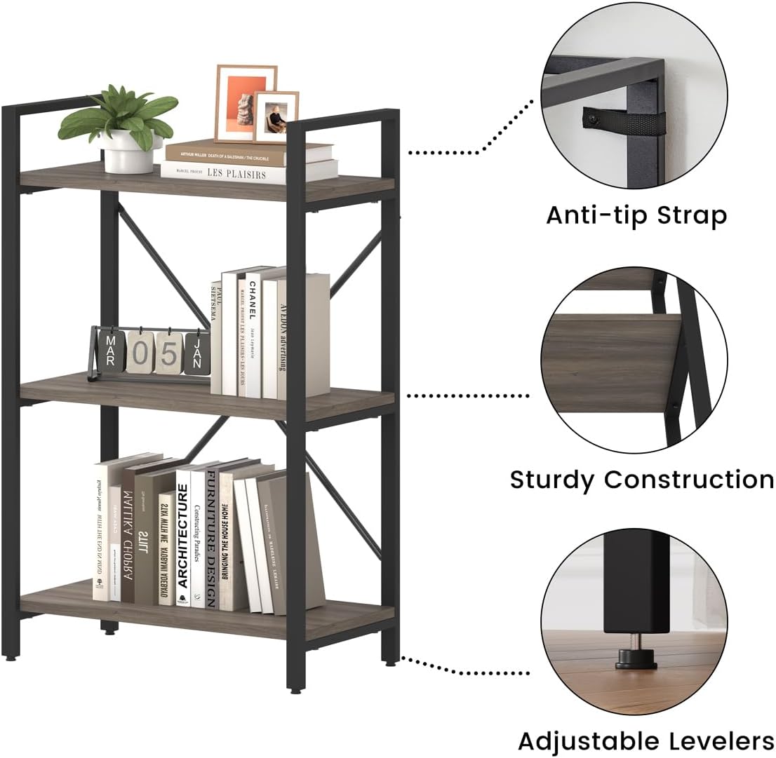 BON AUGURE 3 Tier Bookshelf, Small Rustic Book Shelf, Short Industrial Bookcase, Wood Metal Standing Etagere for Office, Bedroom and Living Room (Greige Oak)