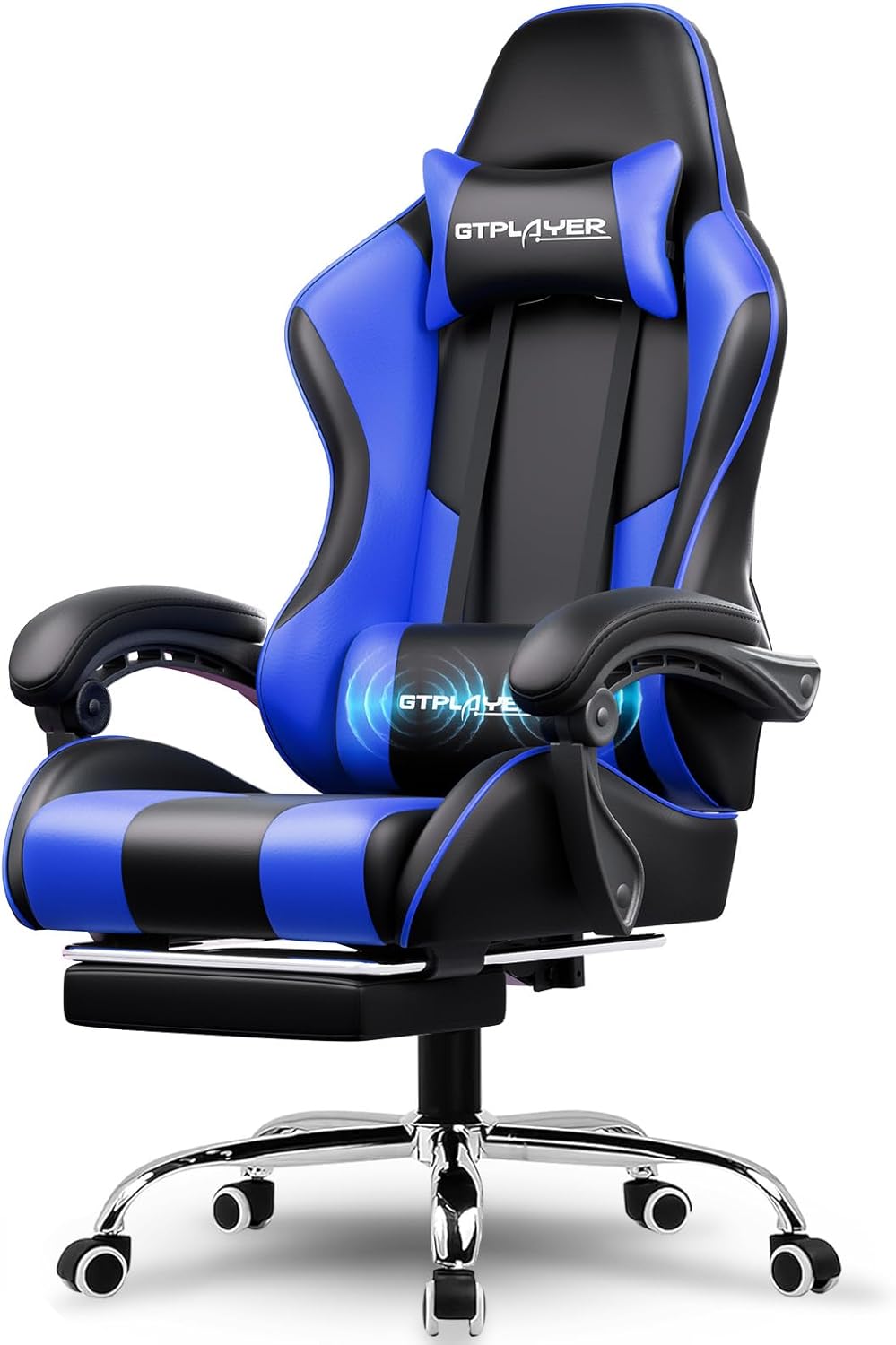 GTPLAYER Gaming Chair, Computer Chair with Footrest and Lumbar Support, Height Adjustable Game Chair with 360°-Swivel Seat and Headrest and for Office or Gaming (Faux Leather, Blue)