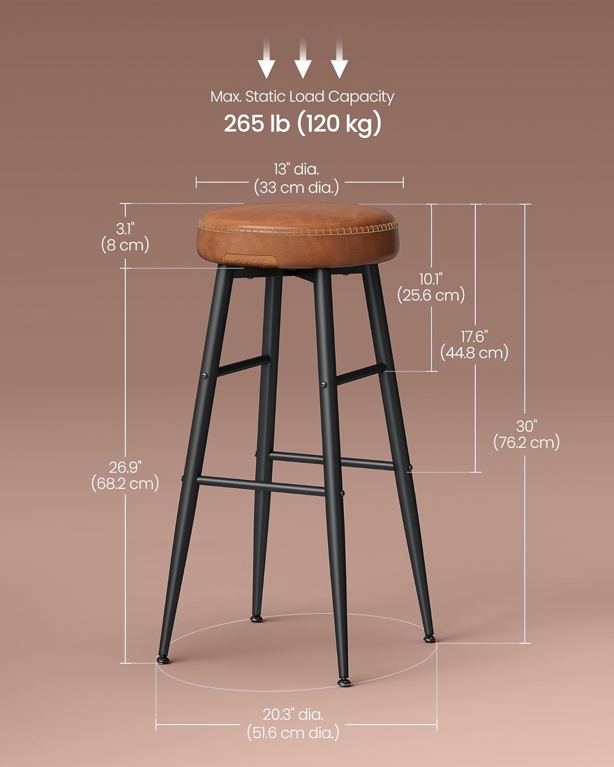 VASAGLE EKHO Collection - Bar Stools Set of 2, Bar Height Bar Stools, Kitchen Counter Stools, Mid-Century Modern Backless Counter Stools, 30-Inch Tall, Kitchen Island Home Bar, Caramel Brown