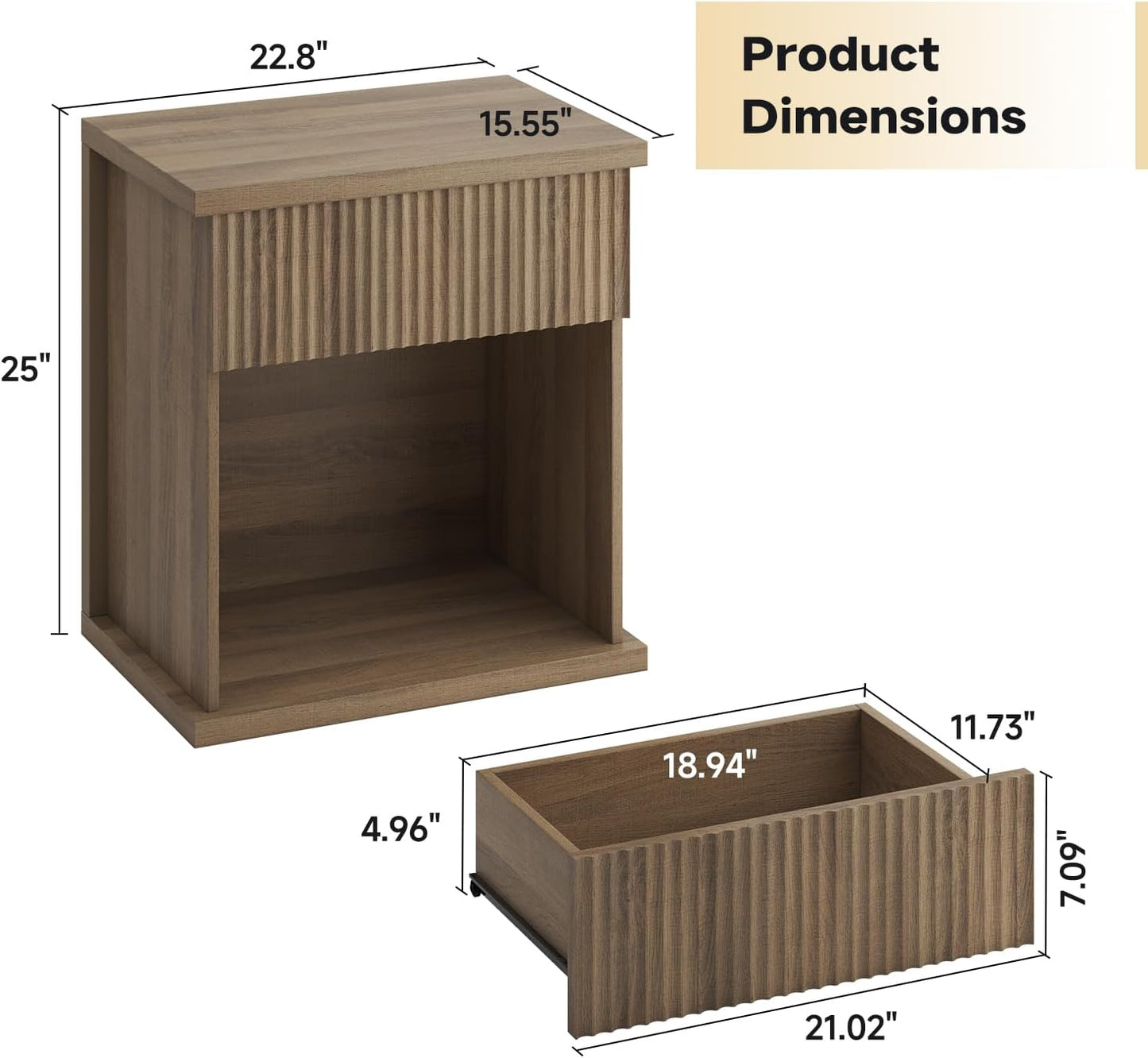 Fluted Nightstand, 22.8" Wide Nightstands with Drawer Storage Large Wood BedsideTable Night Stand for Bedroom, Natural Oak