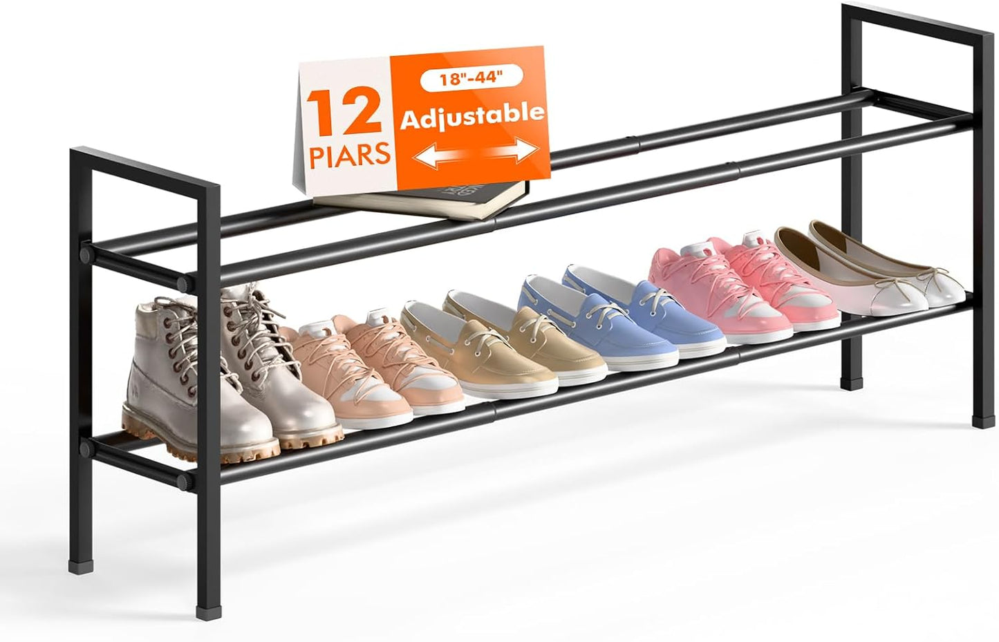 Bumusty 2-Tier Long Expandable Shoe Rack for Closet, 18"-44" Adjustable Shoe Rack for Entryway, 10-12 Pairs Large Shoe Organizer Shelf Storage, Sturdy Metal, Black