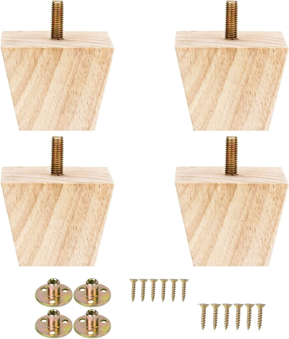 4PCS Wood Furniture Legs 2 inches Square Furniture Legs with Bolt Walnut Sofa Legs Couch Legs Replacement for Legs for Piano Bench, Chest-Turned-Coffee Table (Unfinished Wood Color)