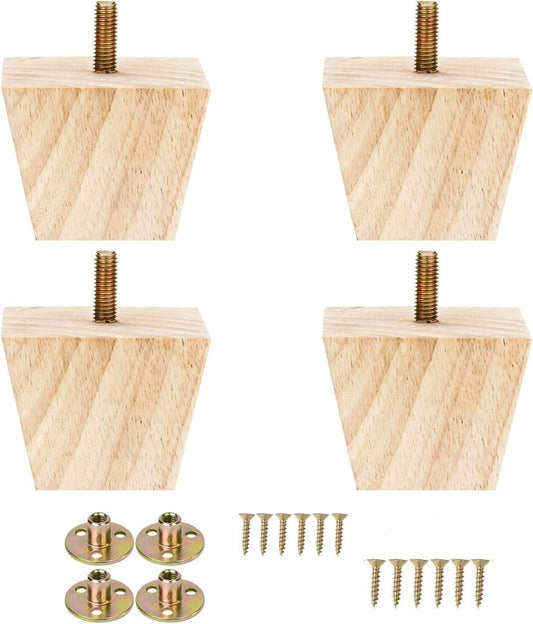 4PCS Wood Furniture Legs 2 inches Square Furniture Legs with Bolt Walnut Sofa Legs Couch Legs Replacement for Legs for Piano Bench, Chest-Turned-Coffee Table (Unfinished Wood Color)