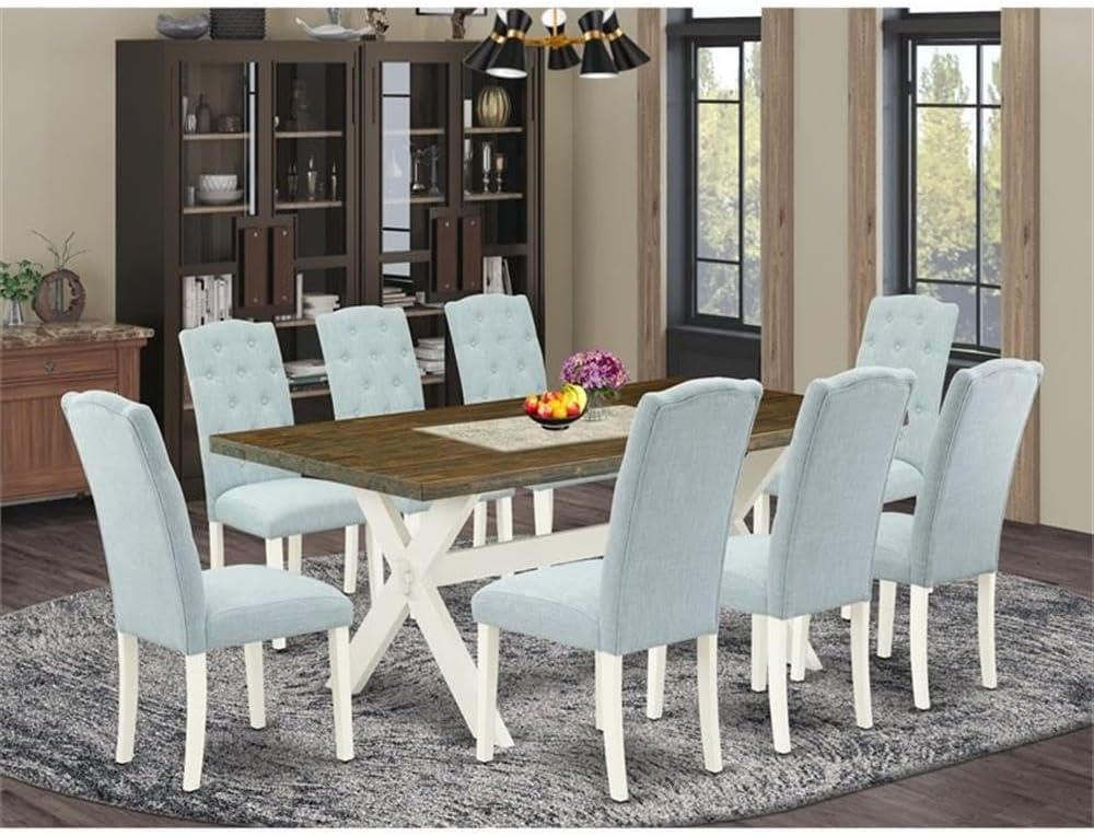 East West Furniture X077CE215-9 9 Piece Dining Room Set Includes a Rectangle Kitchen Table with X-Legs and 8 Baby Blue Linen Fabric Upholstered Parson Chairs, 40x72 Inch, Multi-Color