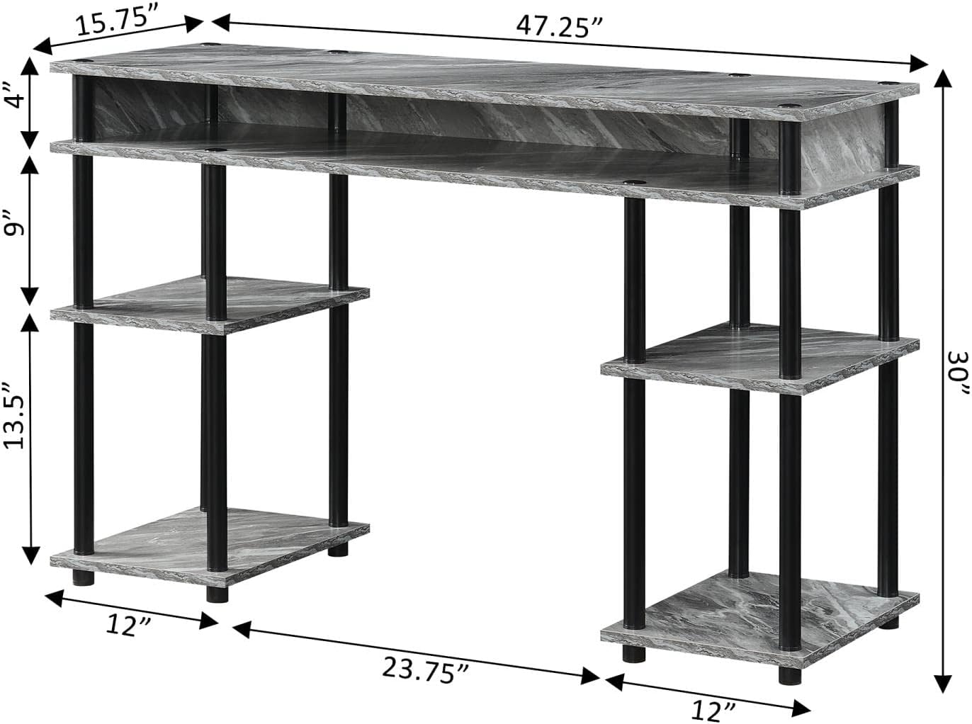 Convenience Concepts Designs2Go No Tools Desk Home Office Desk with Shelves, Corner Shelf Vanity Desk Computer Desk Nail Table for Nail Tech - 47.25" L x 15.75" W x 30" H, Gray Marble/Black