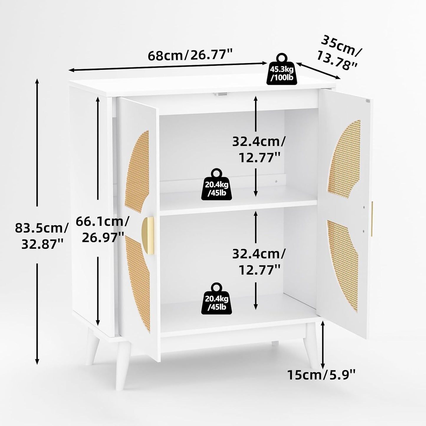 Buffet Cabinet White with Storage, Kitchen Sideboard with Doors & Shelves, Rattan Accent Buffet Console Walnut Media Console Mid Century Coffee Bar Table for Living Room Kitchen Dining Room