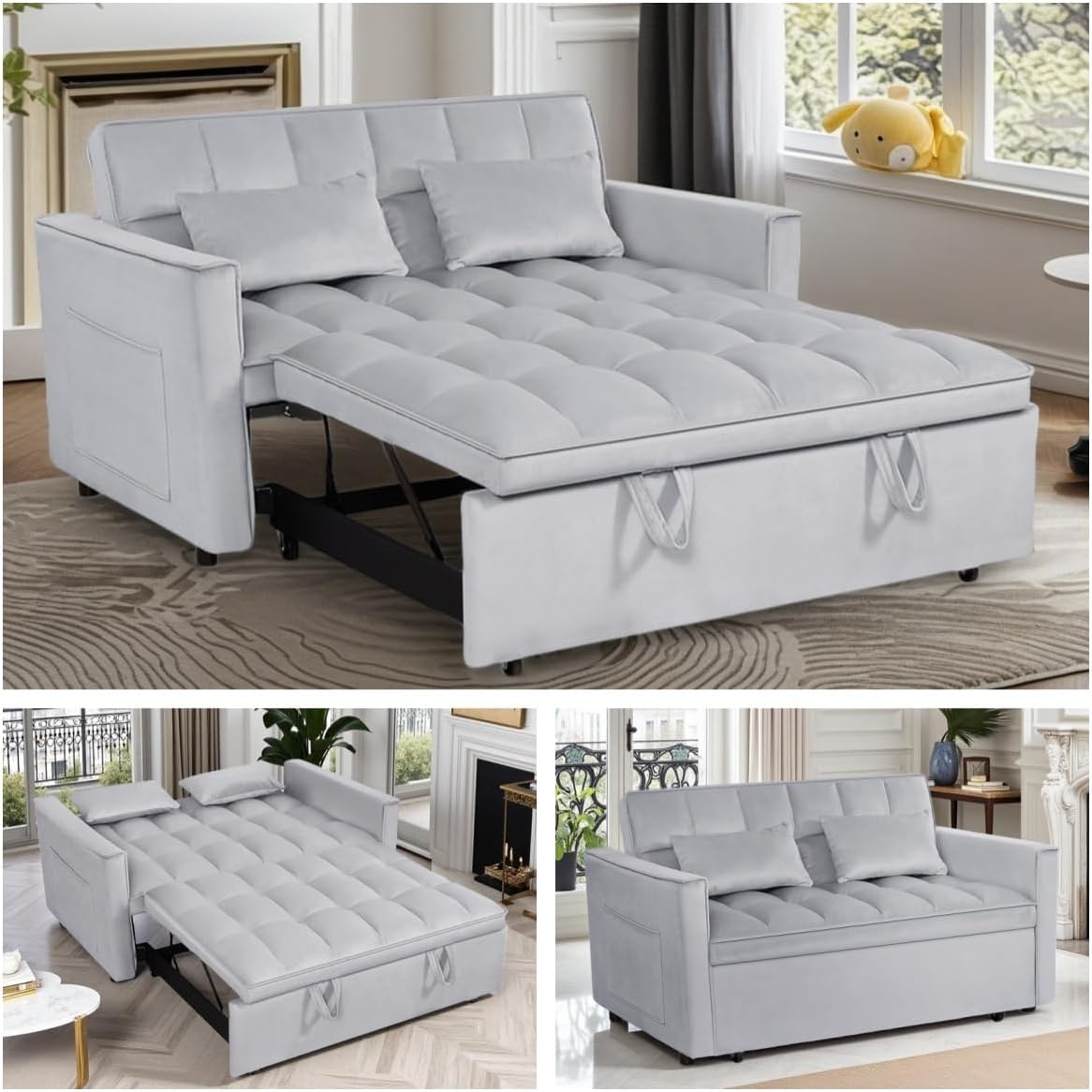 3 in1 Sofa Bed, Pull-Out Sleeper Sofa Bed with 3-Level Adjustable Backrest, Velvet Fabric Convertible Love Seat Sleepers Beds for Living Room & Bedroom & Apartment, Gray