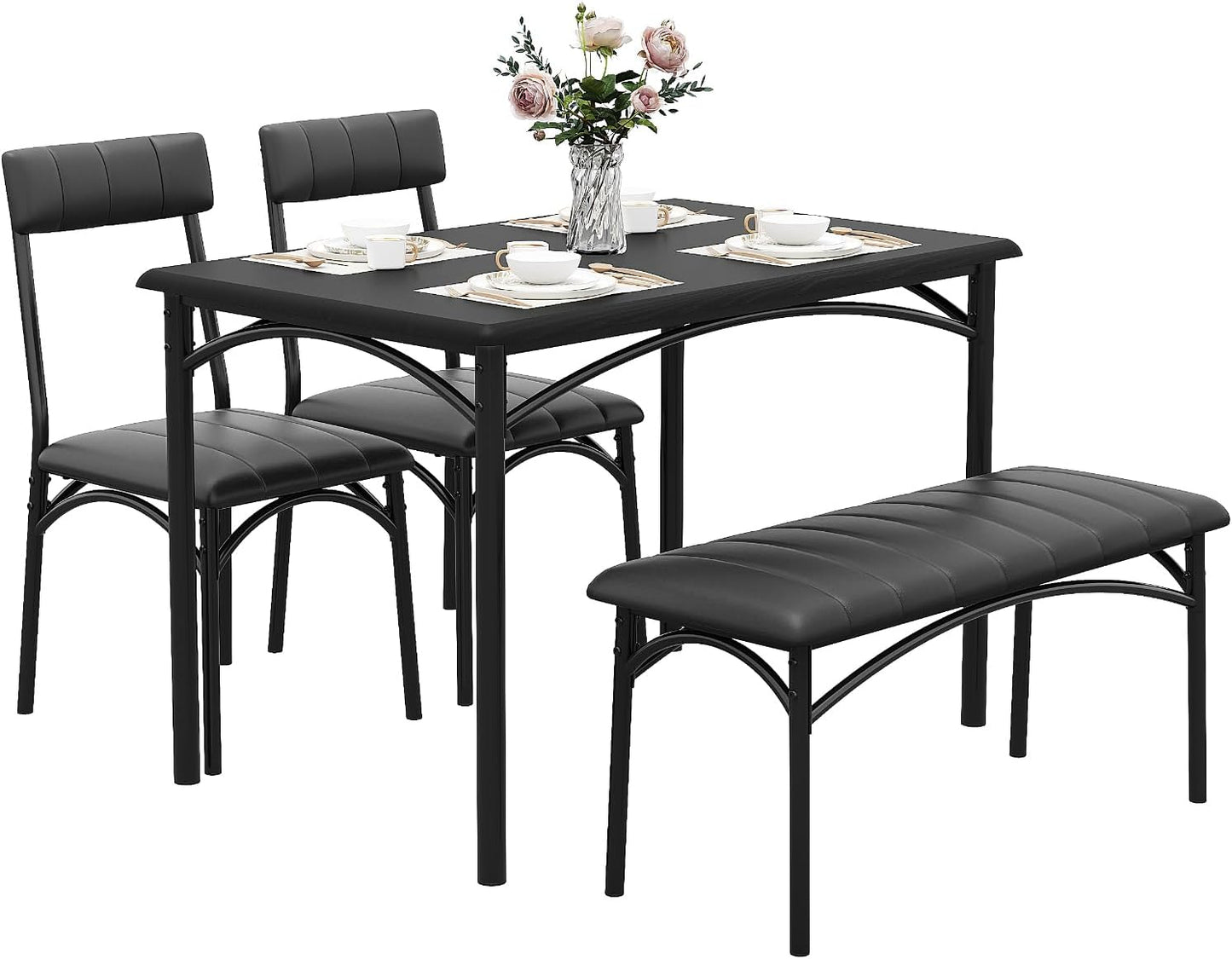 GAOMON Dining Table Set for 4 with Upholstered Bench and 2 Chairs, Rectangular Dining Room Table Set for 4 for Small Space, Apartment, Dinner, Rustic Black