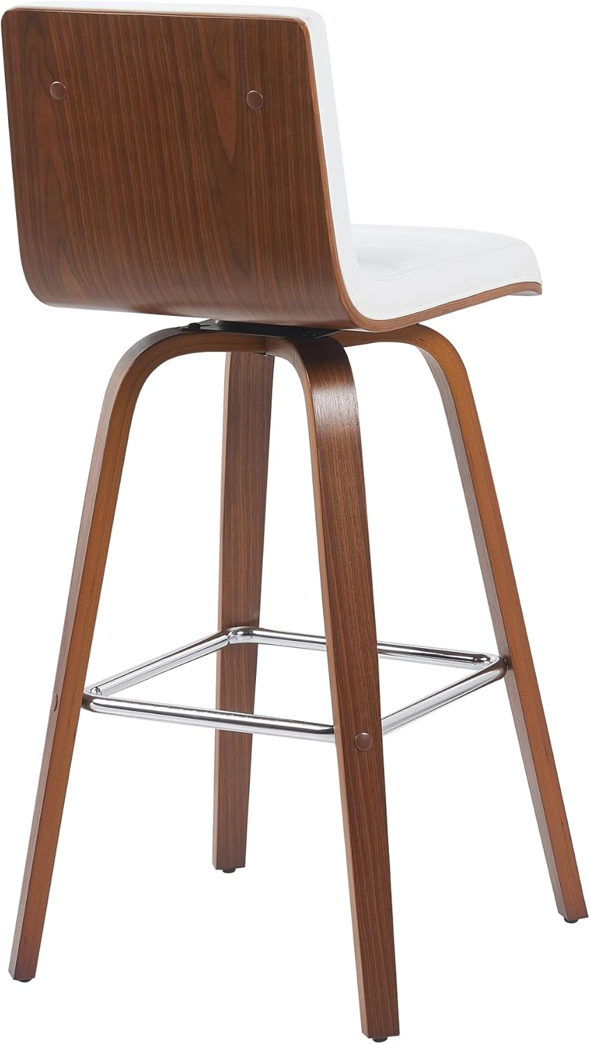 Armen Living Vienna Modern Swivel 30" Bar Height Barstool with White Faux Leather and Walnut Wood Finish