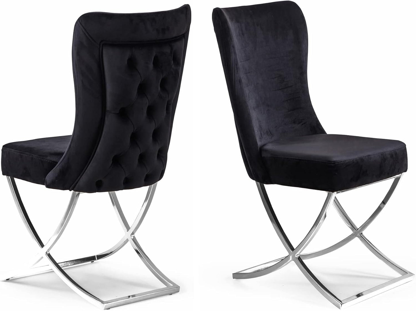 Ottomanson Royal Dining Chairs Set of 4 – Upholstered Tufted Microfiber, Assembled, Silver Metal Legs, Beech Wood Frame, 350 lb Capacity, Black