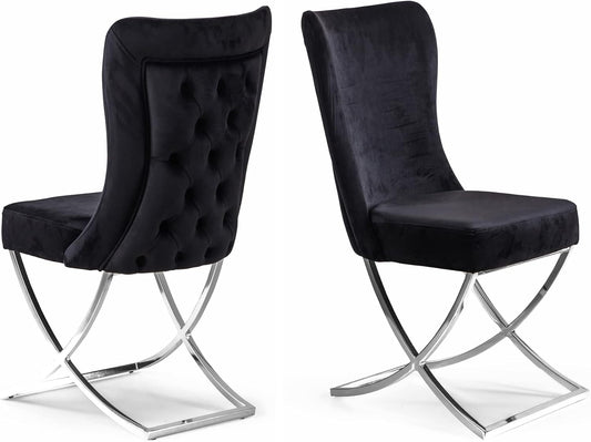 Ottomanson Royal Dining Chairs Set of 2 – Upholstered Tufted Microfiber, Assembled, Silver Metal Legs, Beech Wood Frame, 350 lb Capacity, Black
