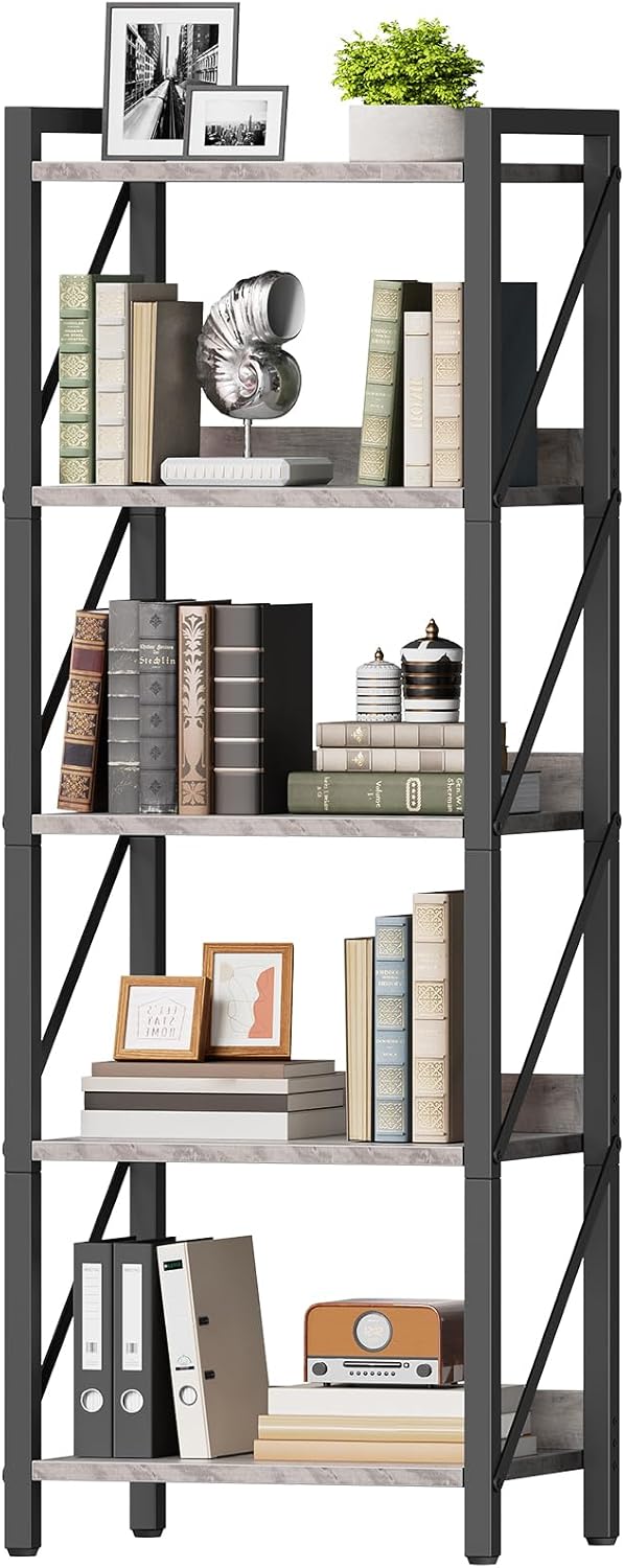 HOOBRO Bookshelf, 5-Tier Industrial Bookcase, Book Shelf Storage Organizer, Tall Bookshelf with Metal Frame for Living Room, Bedroom, Home Office, Kitchen, Greige and Black BG73SJ01