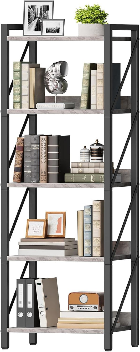 HOOBRO Bookshelf, 5-Tier Industrial Bookcase, Book Shelf Storage Organizer, Tall Bookshelf with Metal Frame for Living Room, Bedroom, Home Office, Kitchen, Greige and Black BG73SJ01