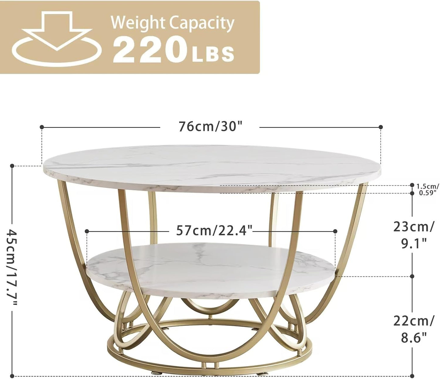 Elephance Round Coffee Table with Storage, 30 Inch Modern Coffee Table for Living Room,Wooden Tabletop-Marble White Print with Gold Frame