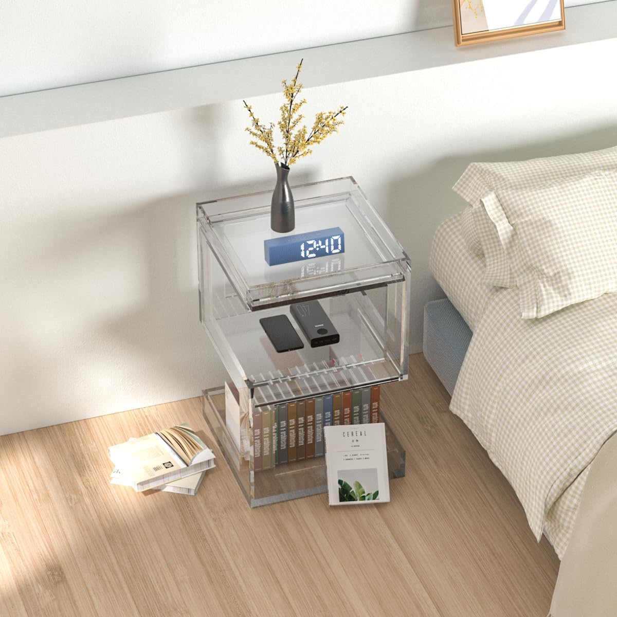 Acrylic Side Table Modern Side Table Clear Nightstand Assembly Required Storage Table for Living Room Bedroom