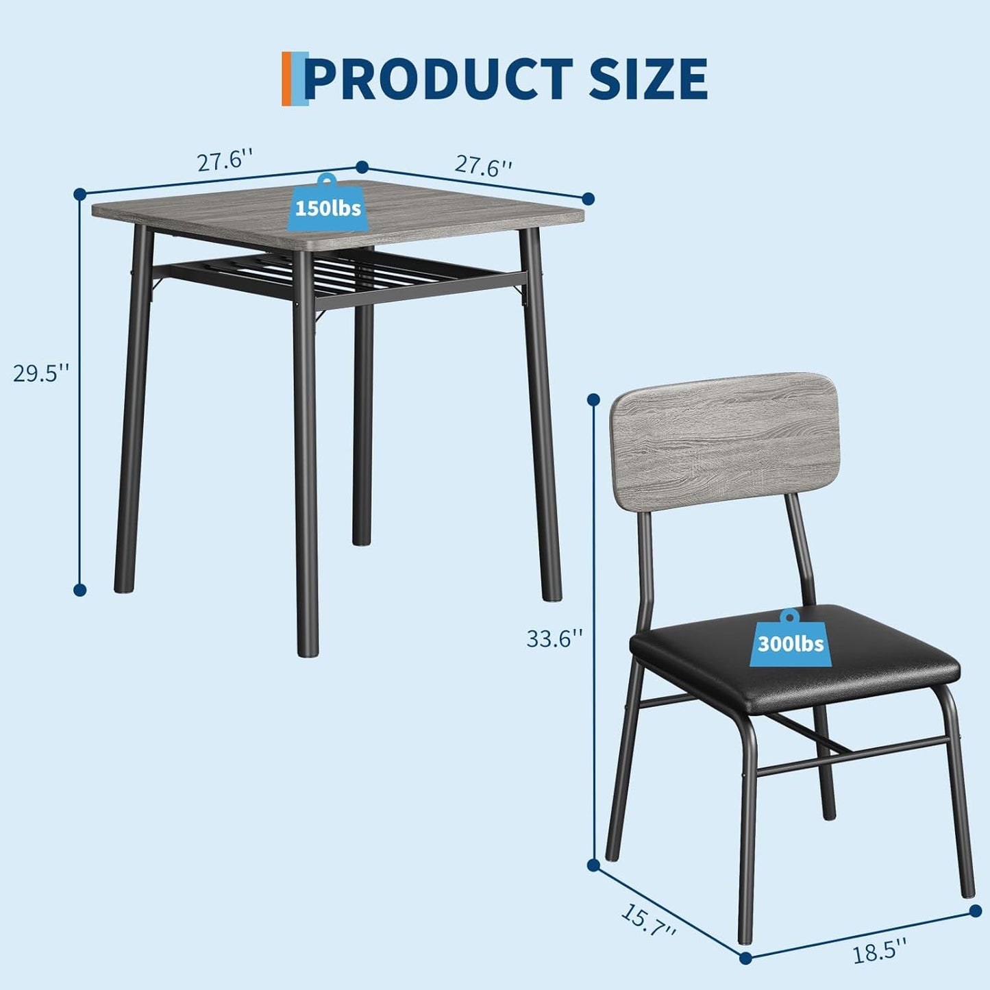 GarveeHome Dining Table for 2 with Storage Rack, Small Kitchen Table for 2 with Metal Frame, Square Table with Upholstered Chairs Set of 2, 3-Piece Dining Room Set for Small Space, Apartment, Gray