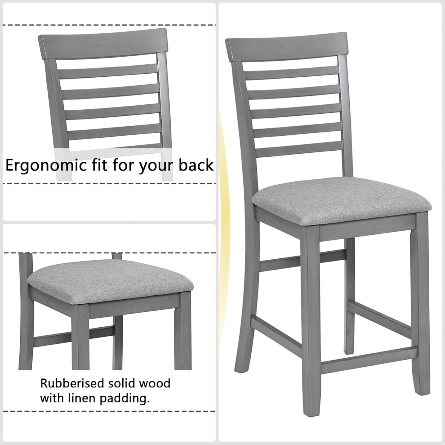 Dining Table Set for 4, Modern 5 Piece Dining Room Table Set with Square Table & 4 Ladder Backrest Upholstered Chairs, Counter Height Kitchen Chairs Set for Small Space, Gray