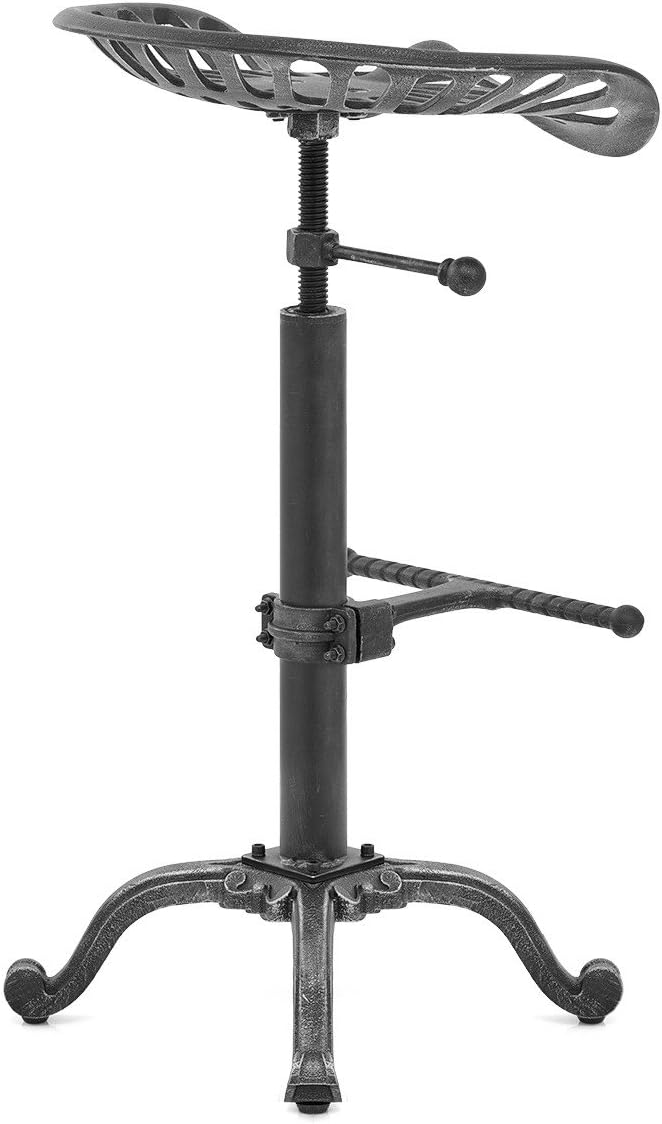 Diwhy Rustic Industrial Farmhouse Tractor Seat Adjustable Bar Stool Industrial bar Chair (Silver, Cast Iron)