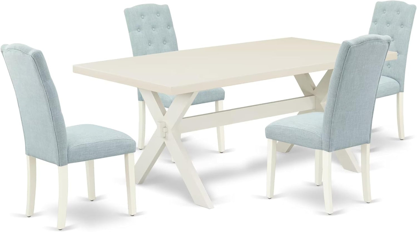 East West Furniture X027CE215-5 5 Piece Modern Dining Table Set Includes a Rectangle Wooden Table with X-Legs and 4 Baby Blue Linen Fabric Upholstered Chairs, 40x72 Inch, Multi-Color