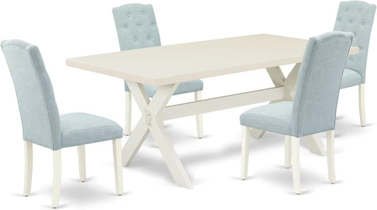 East West Furniture X027CE215-5 5 Piece Modern Dining Table Set Includes a Rectangle Wooden Table with X-Legs and 4 Baby Blue Linen Fabric Upholstered Chairs, 40x72 Inch, Multi-Color