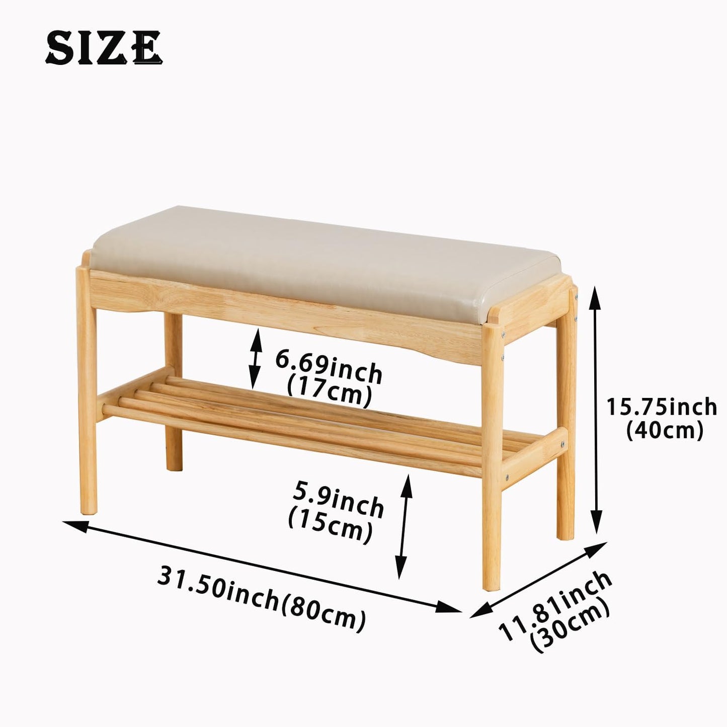 latifolia Small Shoe Bench, Solid Wood Bench with Cushion, 2 Tier Shoe Storage Organizer for Entryway(Nature,31.50''L)