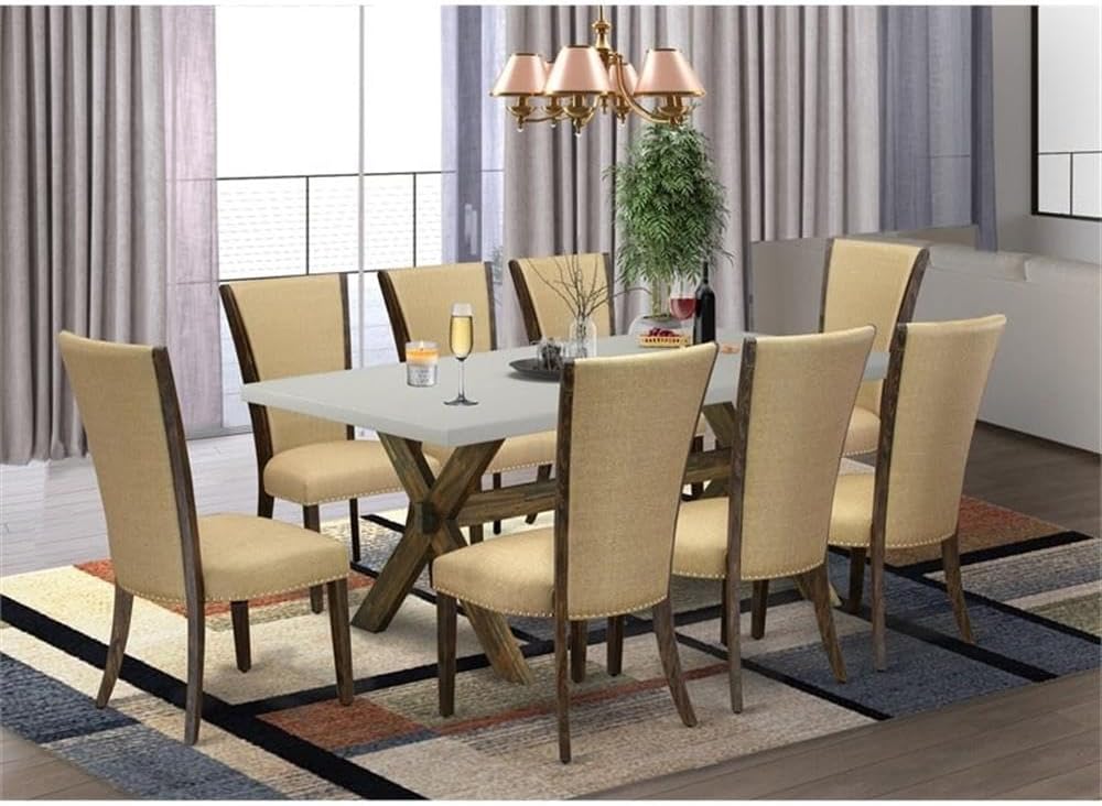 East West Furniture X797VE703-9 9 Piece Dining Set Includes a Rectangle Dining Room Table with X-Legs and 8 Brown Linen Fabric Upholstered Parson Chairs, 40x72 Inch, Multi-Color