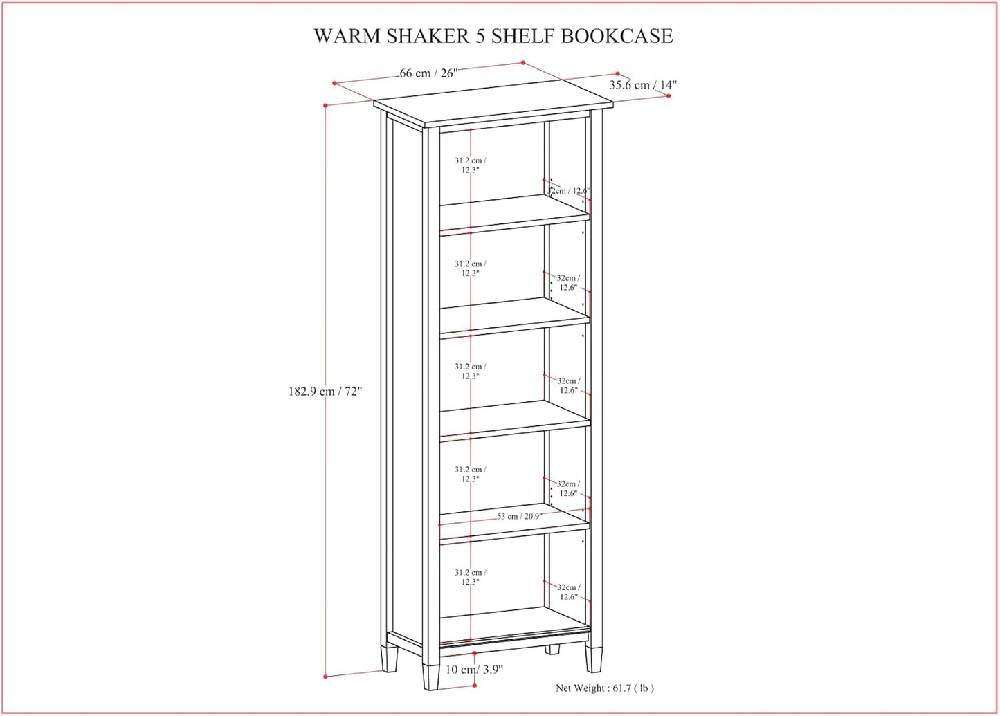 SIMPLIHOME Warm Shaker Bookcase - 72 inch Tall 5-Shelf Solid Wood Bookshelf in Tobacco Brown, Transitional Storage for Living Room, Study Room or Office with Adjustable Shelves and Tapered Legs