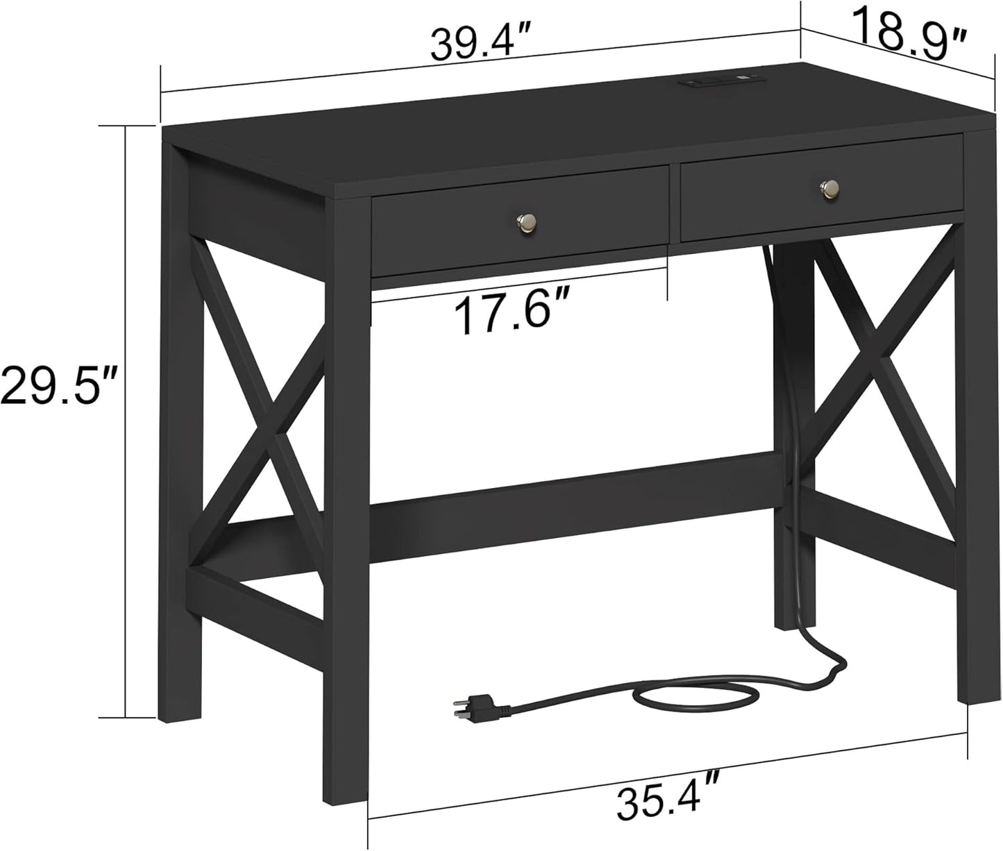 ChooChoo Computer Desk with USB Charging Ports and Power Outlets, 39" Black Desk with Drawers, Small Study Writing Table with Stable X Frame for Home Office