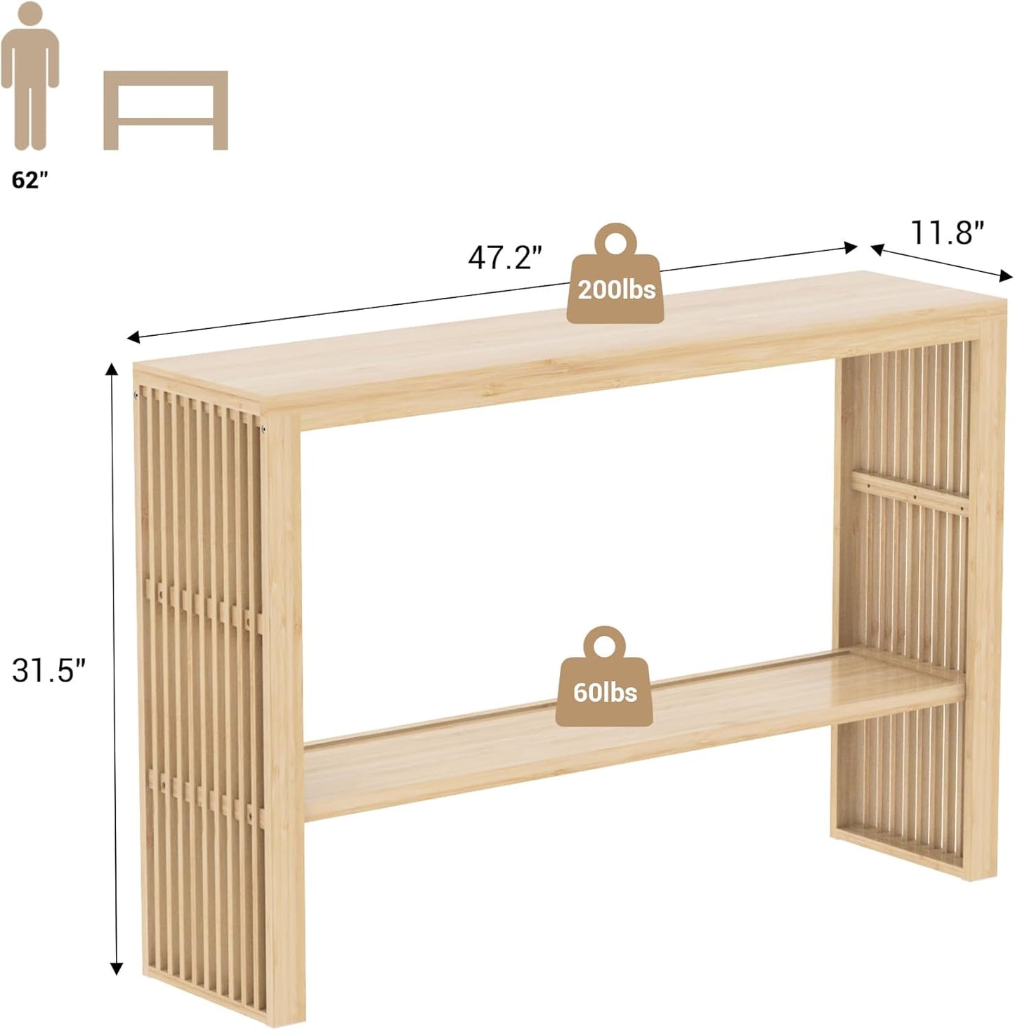 Bamboo Wood Entryway Table 47.2" Console Table, 2-Tier Farmhouse Narrow Sofa Table with Grille-Inspired Sides Easy Assembly for Entrance, Hallway, Living Room, Bedroom, Foyer(Natural)