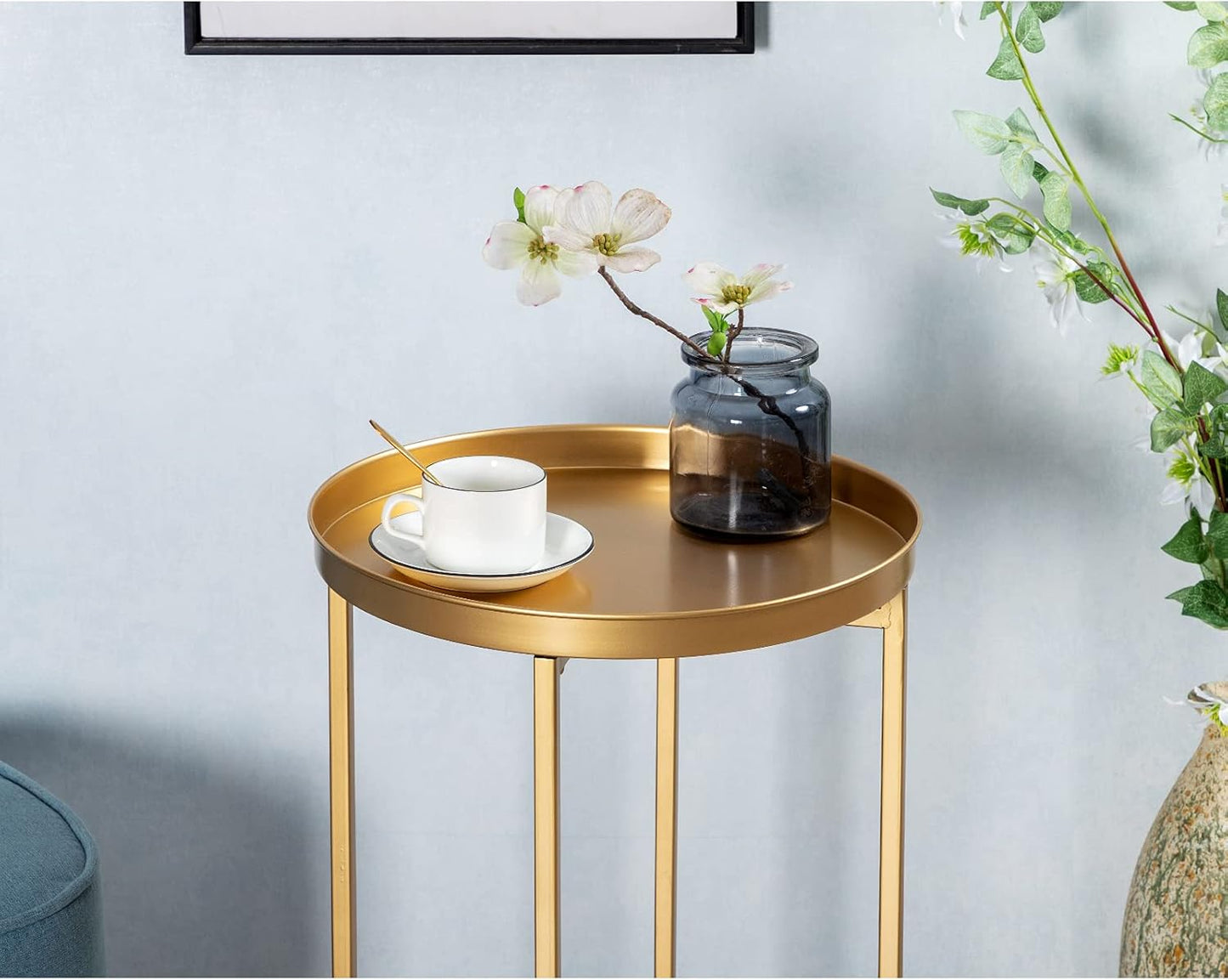 HollyHOME Small Round Metal Waterproof End Table, Accent Indoor&Outdoor Side Table, Sofa Table for Living Room, Anti-Rust Decorative Plant Stand, (D) 14.5" x (H) 25", Golden