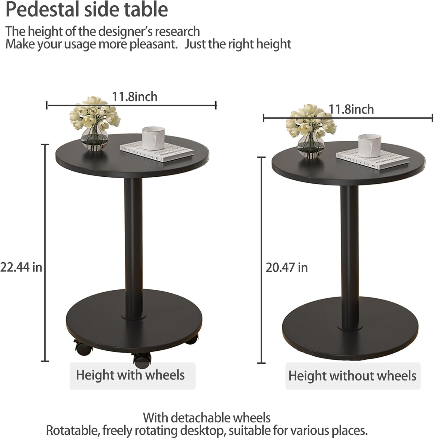 Pedestal Table on Wheels TV Tray Table, Rotating Couch Round Tables, Small Side Table for Living Room and Bedroom Sofas, Beds, Mini Coffee Tables, (H) 22.4 *(W) 11.8 (Assembly Required)
