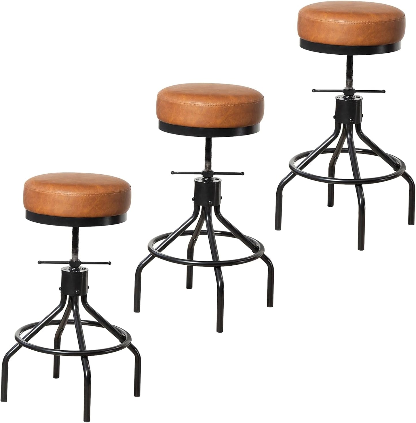 Industrial Bar Stools Set of 3 Adjustable Swivel Barstools Modern PU Leather 28inch Round Backless Counter Height Stool Metal Bar Chair for Kitchen Island (3, Brown)