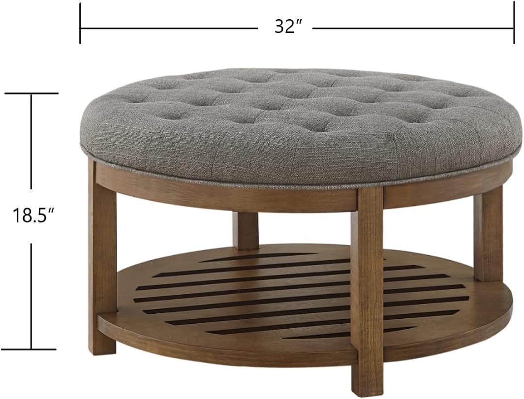 24KF Large Round Upholstered Tufted Linen Ottoman Coffee Table, Large Footrest Ottoman with Wood Shelf Storage-Granite