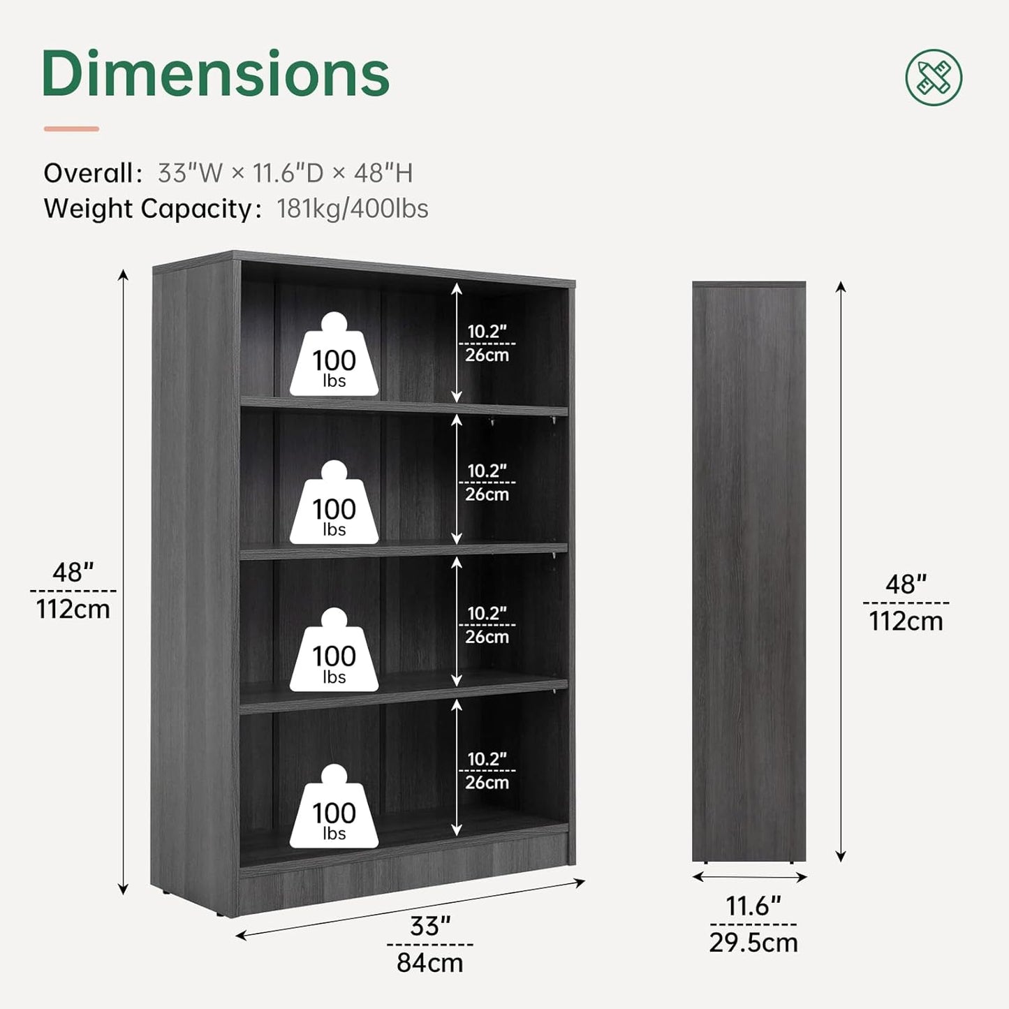 NicBex 48" Heavy Dute Wood Bookcase with Adjustable Shelves, Modern Manga Bookshelf for Living Room, Office, Small Spaces, Manga and Book Shelves Storage, Tip-Over Resistant, 33" Wide Grey