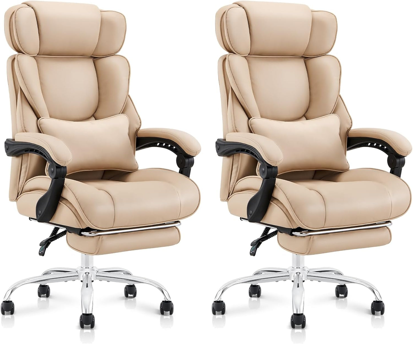 COLAMY Office Chair with Retractable Footrest, Ergonomic High Back Design Executive Computer Desk Chair with Removable Lumbar Pillow, 90-135°Reclining, Thick Bonded Leather, 2 PCs, Khaki