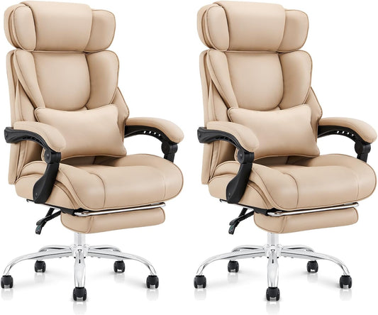 COLAMY Office Chair with Retractable Footrest, Ergonomic High Back Design Executive Computer Desk Chair with Removable Lumbar Pillow, 90-135°Reclining, Thick Bonded Leather, 2 PCs, Khaki