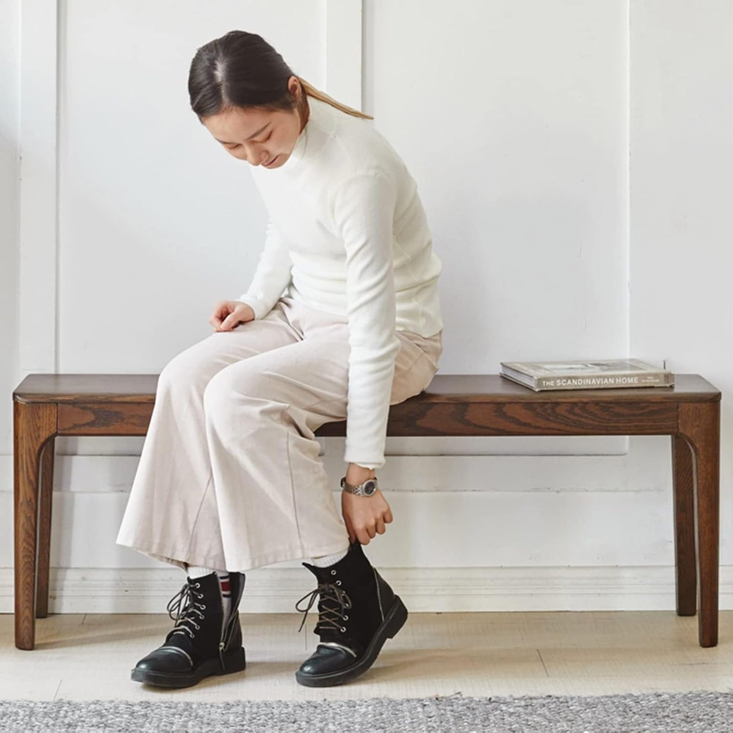 Dining Bench, Wood Bench Solid Oak Wooden Bench Indoor Dining Room Table Home Bedroom Bed End Restaurant Modern Hallway Furniture (Walnut Color, 60" W x 13.8" D x 17.7" H)