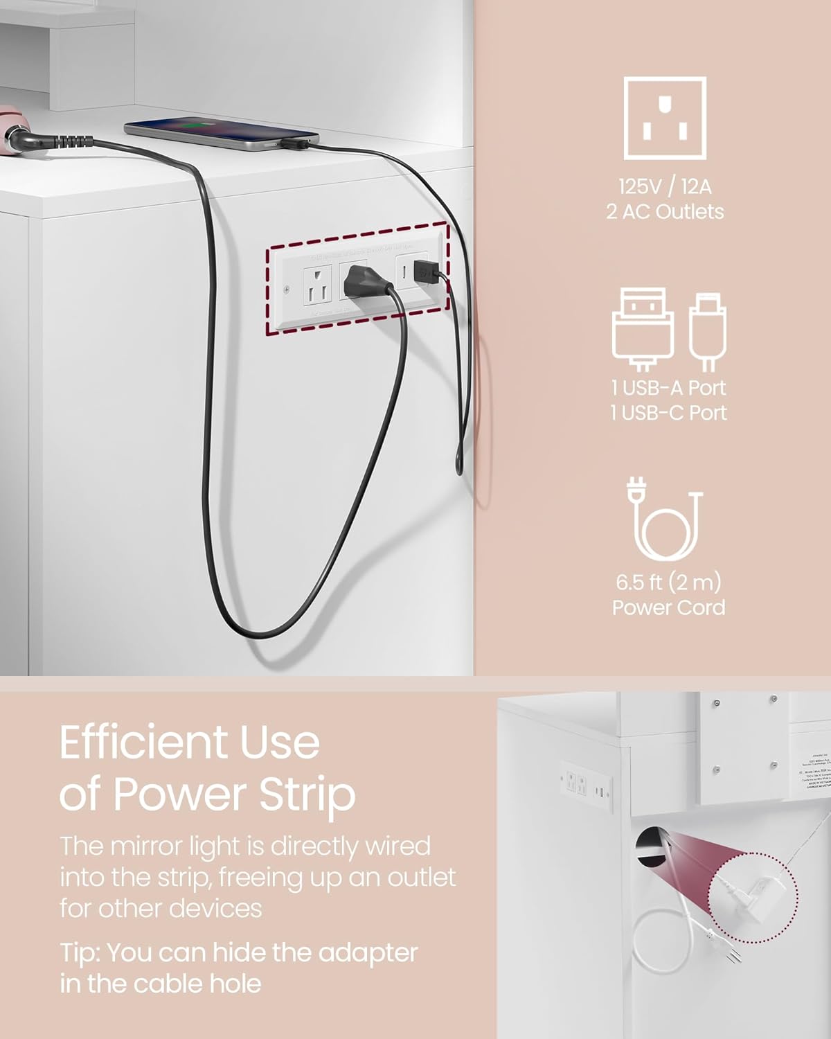 VASAGLE Vanity Desk with Mirror and Lights, 35.4-Inch Wide Makeup Vanity with Upholstered Vanity Stool, Power Outlets, Dimmable LED Lights, Storage Drawer, for Bedroom, Cloud White URDT128W01