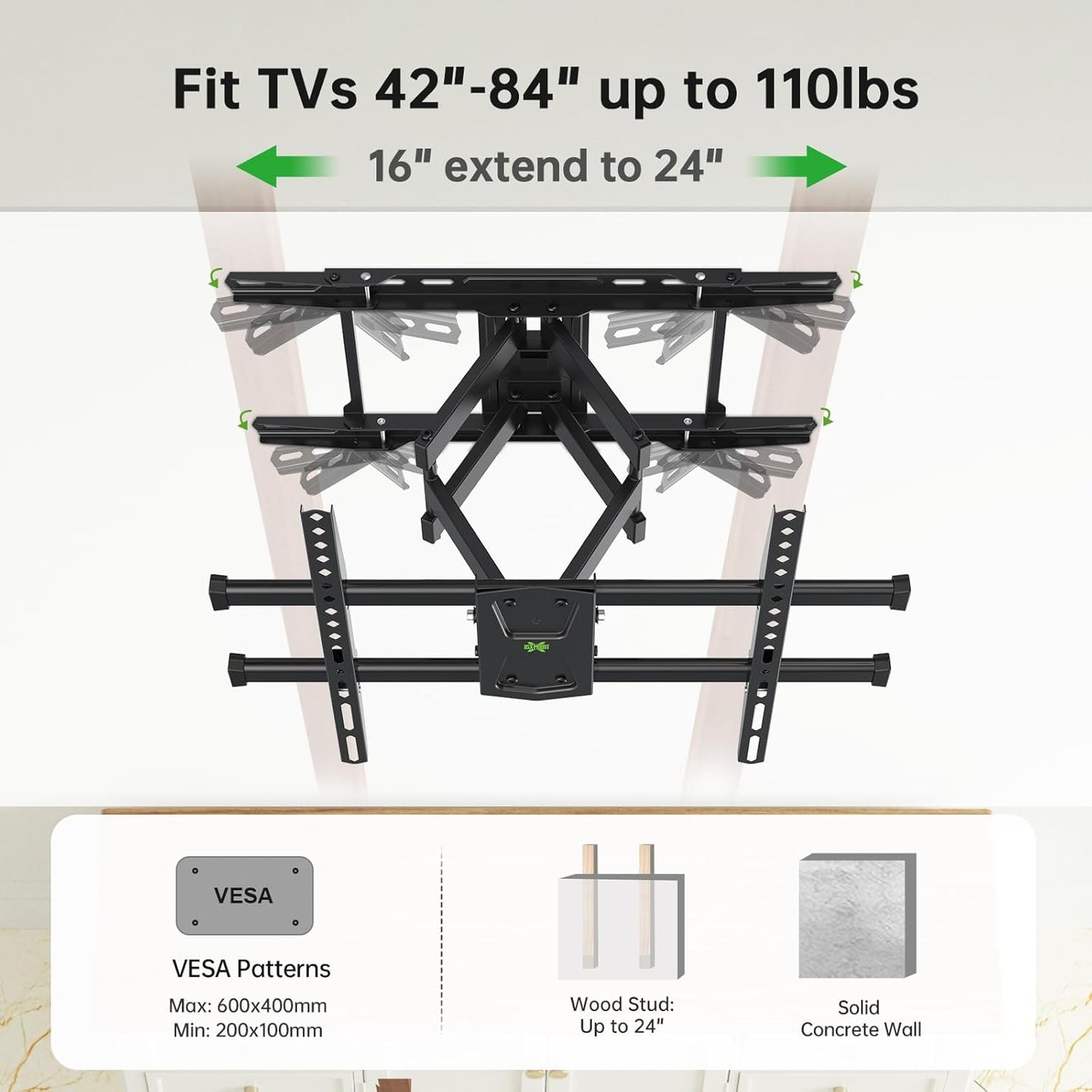 USX MOUNT UL Listed TV Wall Mount for 42"-84" TVs up to 110lbs and 8"-24" Wood Studs, TV Mount with Tilt, Swivel & Extension, Wall Mounts Bracket with Dual Articulating Arms, Max VESA 600x400mm