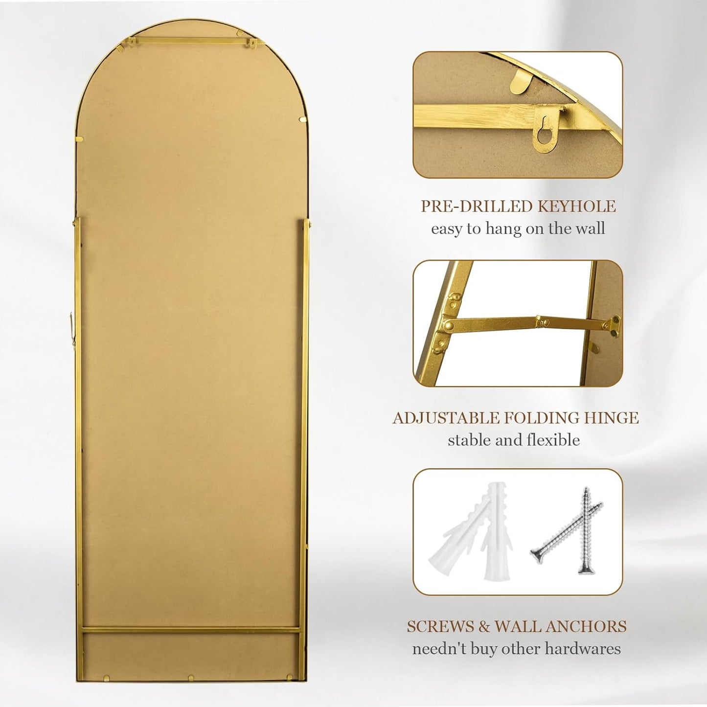 Arch Full Length Mirror with Stand, 65"x22" Floor Standing Large Dressing Mirror Hanging or Leaning Against Wall for Bedroom Living Room, Antique Gold