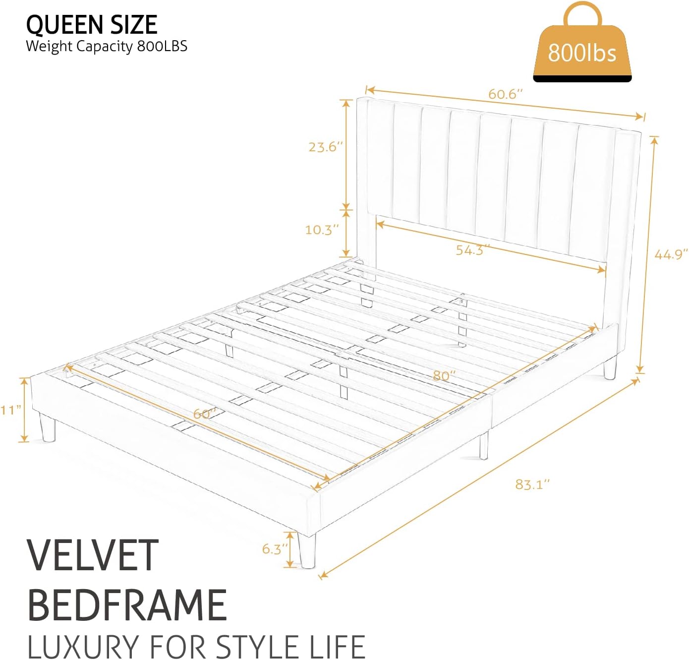 SHA CERLIN Queen Bed Frame/Velvet Upholstered Platform Bed Frame with Headboard/Strong Wood Slats Support/Mattress Foundation/No Box Spring Needed/Easy Assembly/White