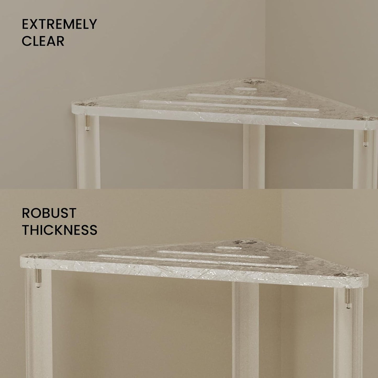 Acrylic Corner Shower Stool for Shaving Legs 11.42" D X 11.42" W X 14.37" H, Triangle Shower Foot Rest with Storage Shelf, Heavy Duty, for Inside Shower (Water Ripple Texture)