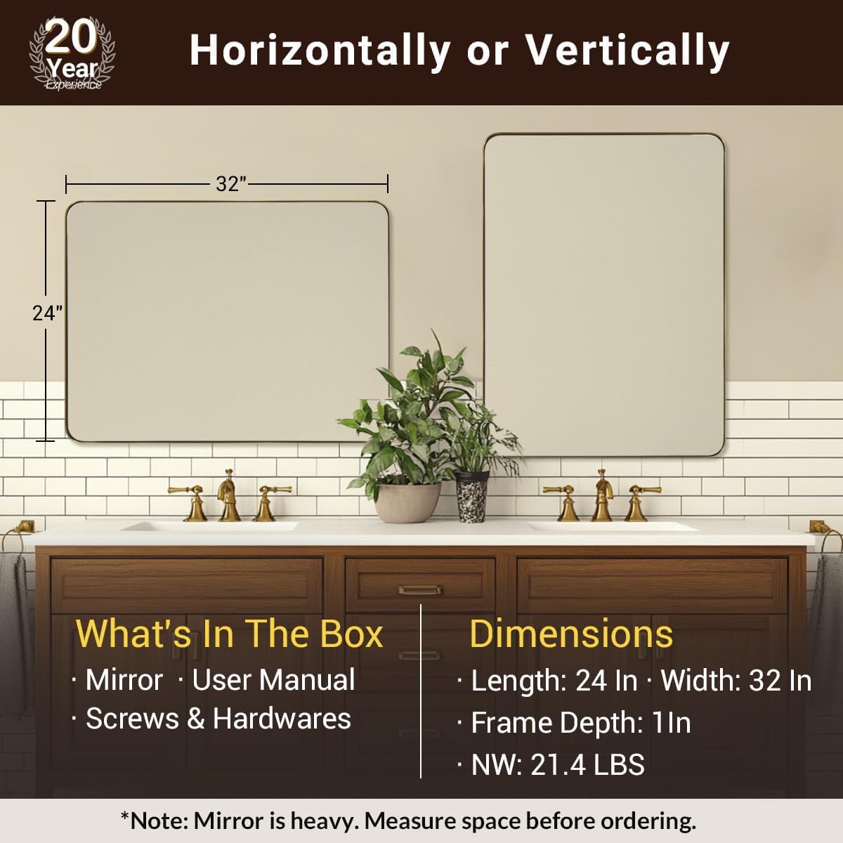 ANDY STAR Gold Bathroom Mirrors for Over Sink, 24x32 Inch Brushed Gold Wall Mirror, Rectangular Metal Framed Vanity Mirror -Modern Clean Design with Superior Stainless Steel Frame