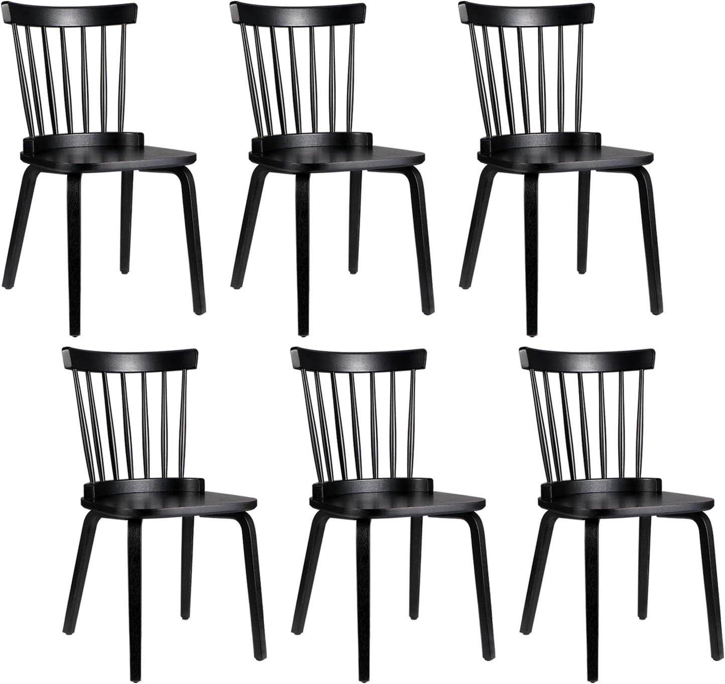 Unovivy Wood Dining Chairs Set of 6, Windsor Farmhouse Spindle Back, Widen Seat, Modern Mid-Century Country Style, for Living Room Restaurant, Black